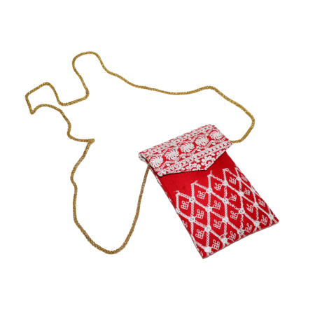 Red Cotton Phone Clutch Bag with Mirror Work and Gold Chain